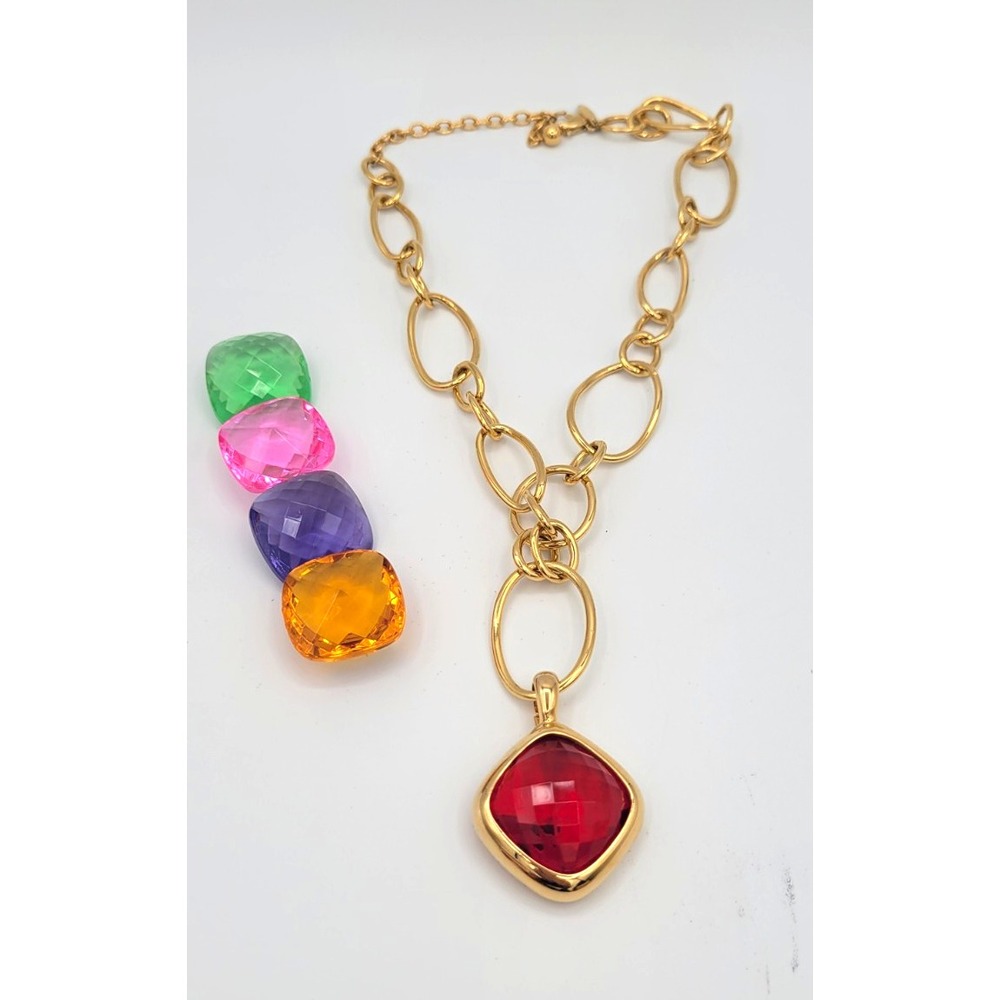 Joan Rivers Gold Tone Link Chain Necklace Red Cushion Crystal Square Charm